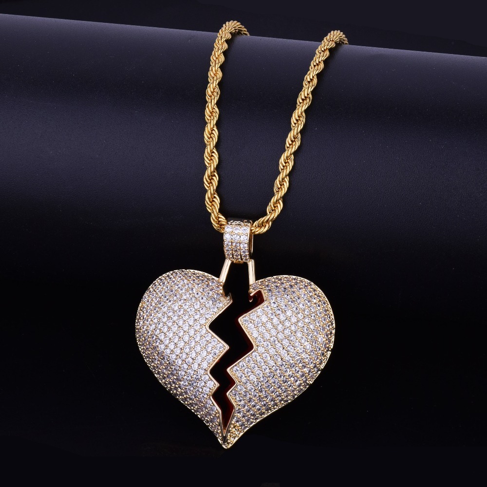 Broken Heart Chain Necklace & Pendant Iced Out Bling Zircon Hip hop ...