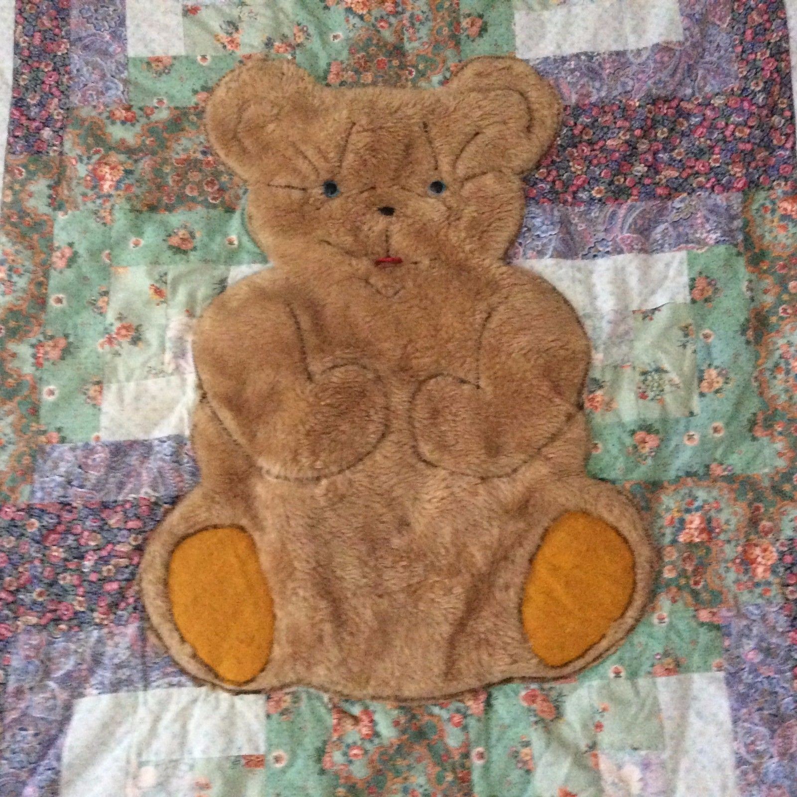 Baby Quilt Handmade Soft Plush Blue Eyed Teddy Bear Patchwork Blanket ...