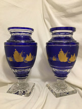 2 Val St Lambert Cobalt/Gold Footed Crystal Vases-Frans Van Praet-Sevill... - $7,195.00