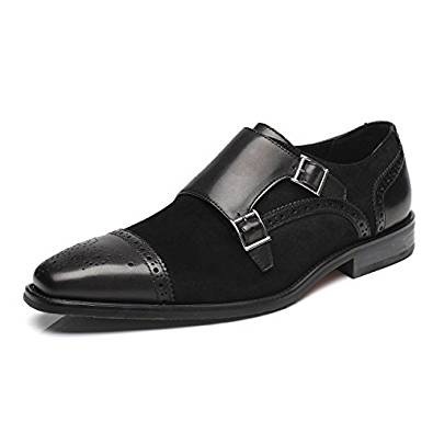 Men Black Monk Double Buckle Strap Brogue Cap Toe Party Wear Suede Leather Shoes