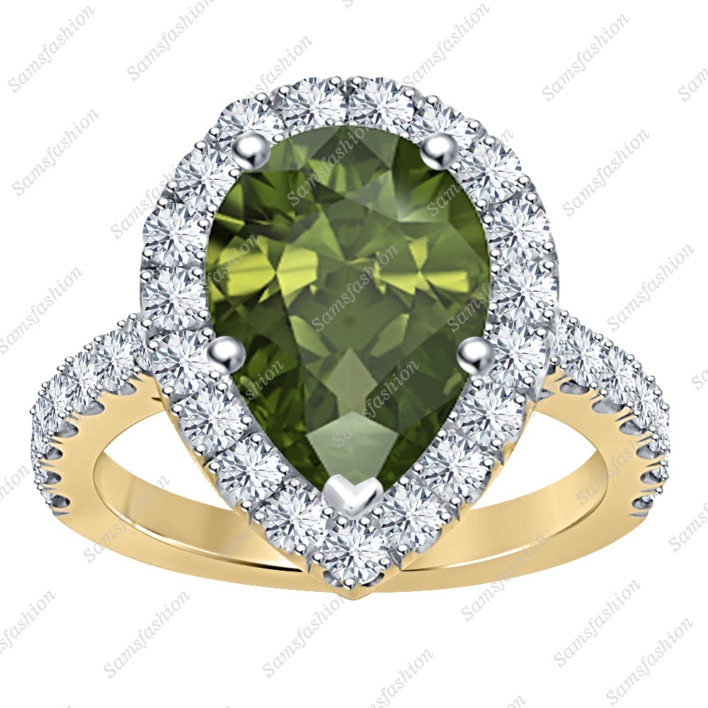 Pear Green Tourmaline & Dia 14k Yellow Gold Over 925 Silver Promise Halo Ring