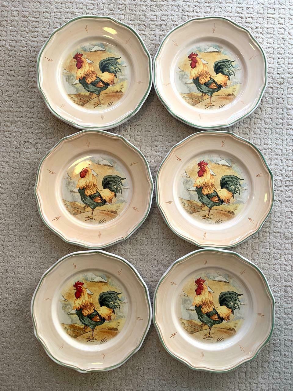 Set of 6 Gibson Royal Rooster Hand painted Dinner Plates 10.75