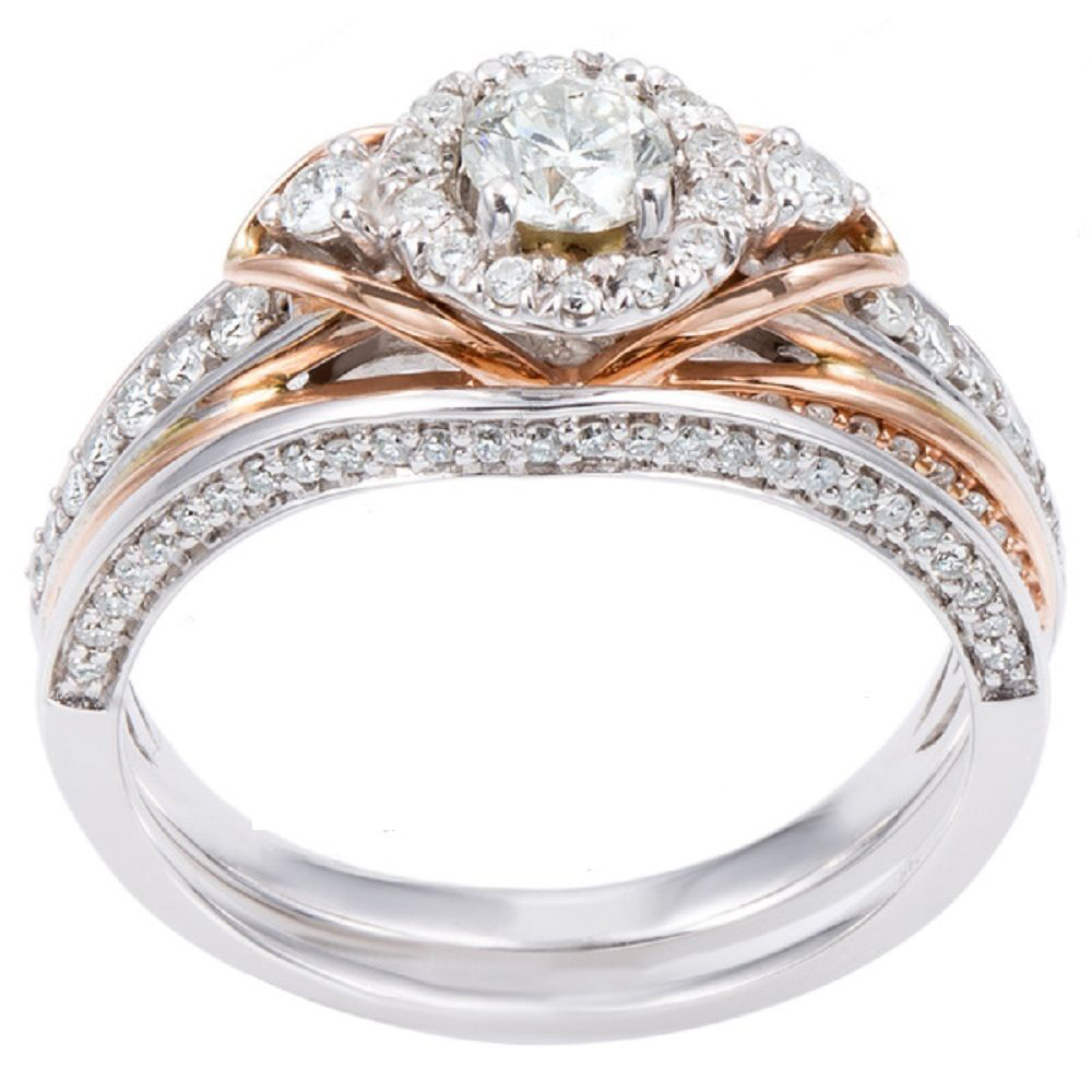 Two Tone Plated 925 Silver Round Cut Simulated Diamond Bridal Wedding