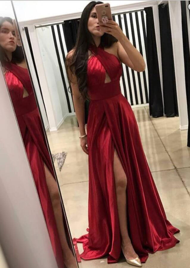 Halter Red Long Prom Dresses Split Side Prom Dress With Heyhole