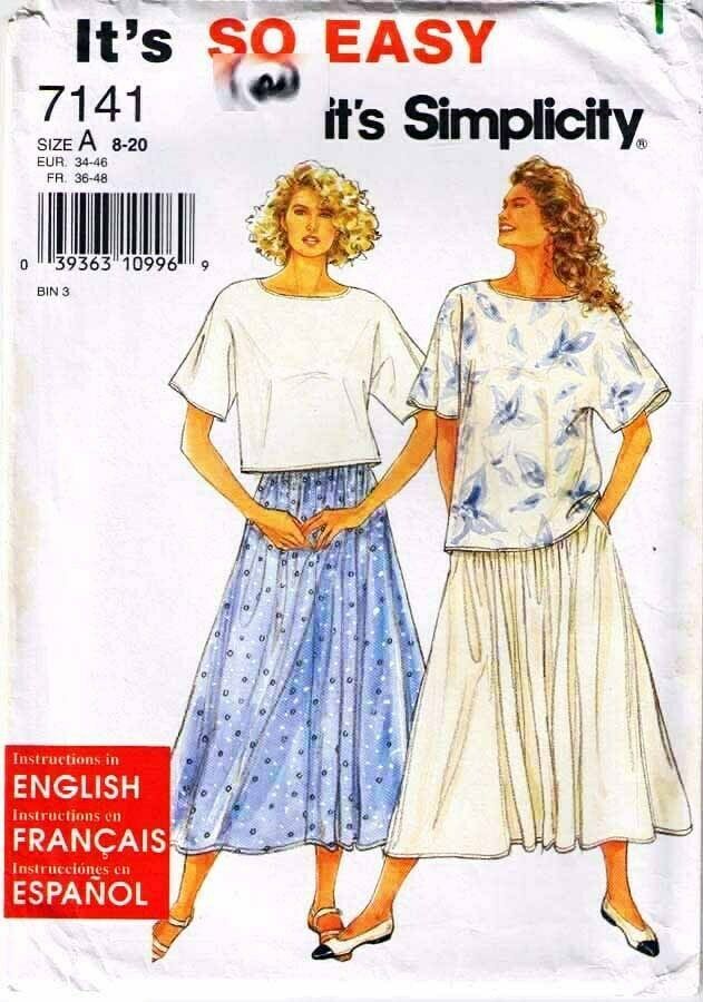 1996 Misses' TOPS & SKIRT Pattern 7141-s Size A (8-20) UNCUT - Sewing