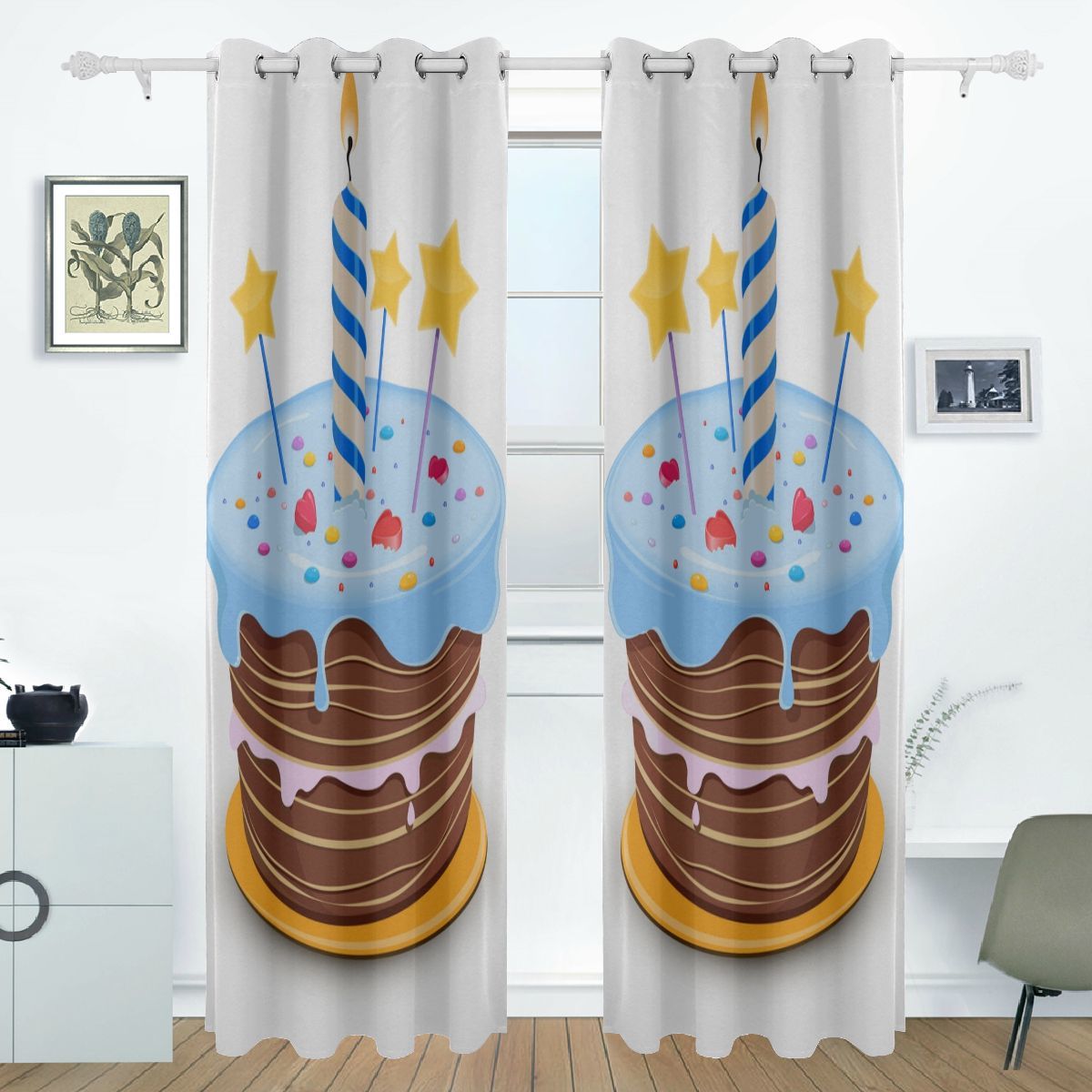 Curtains Blackout Happy Birthday Celebration Sweet Cake Print Window ...