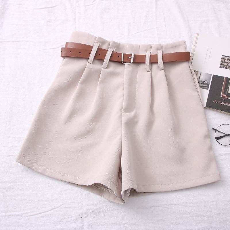 New beige high waisted pleated front women shorts with brown belt spring summer
