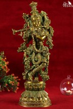 Golden With Green PowderFinish Pure Brass Lord Krishna Playing Flute Fig... - $379.00