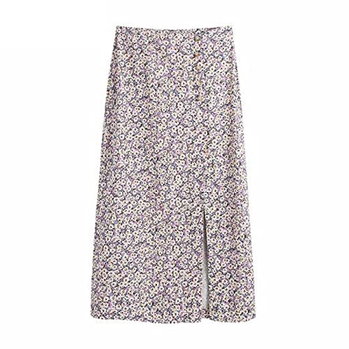 Floral Print Single Breasted Split Purple Skirt French Style Female Chic Party Q