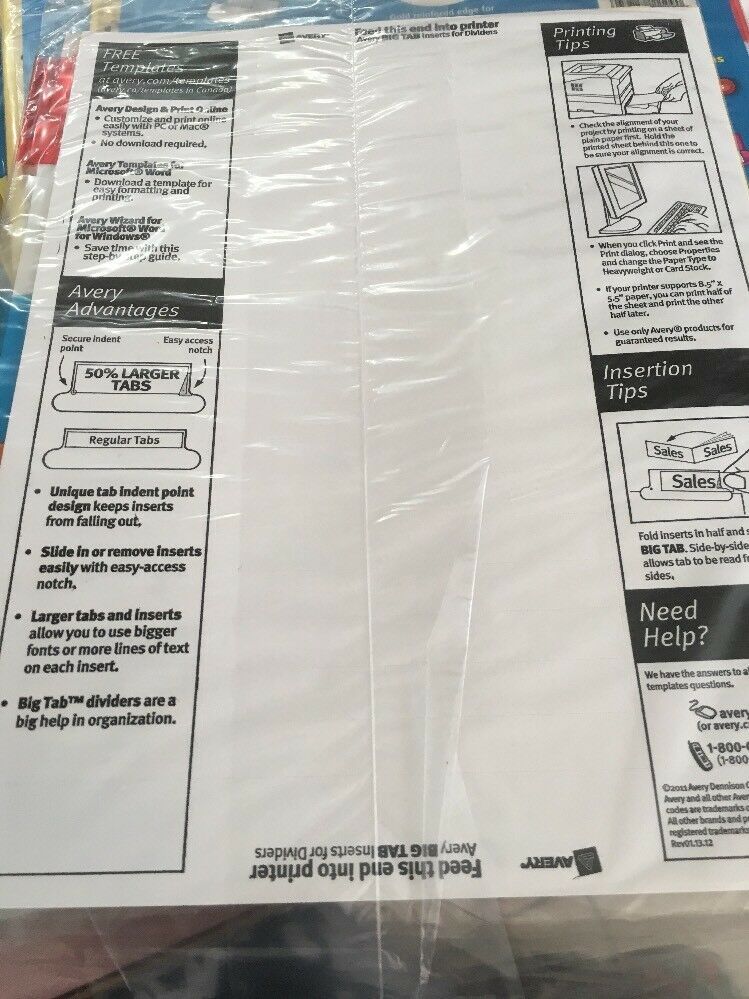 5 BIG TAB COLORED INSERTABLE STORAGE DIVIDERS AVERY 11109 REINFORCED