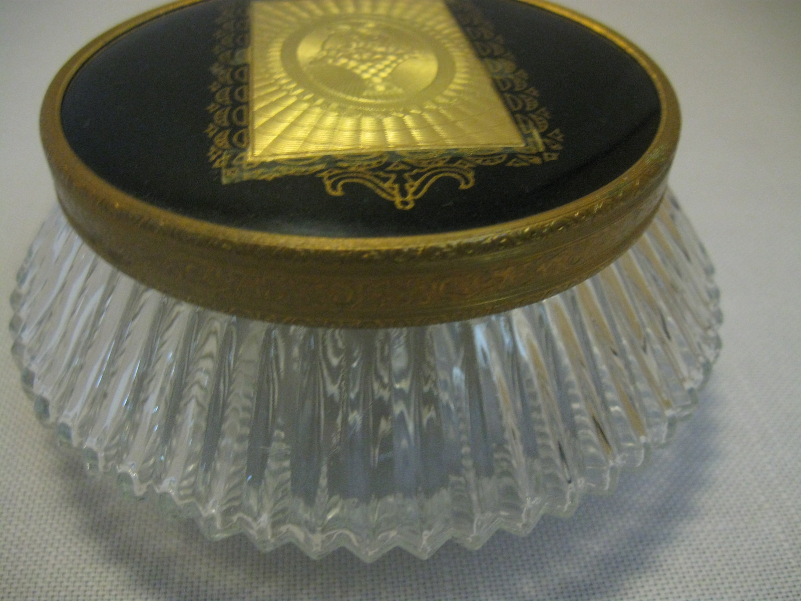 Glass Powder Trinket Box Clear Rib Design Black Lid Gold Basket Frame