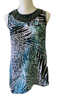 Womens Top Stretch Tunic Beaded Neckline Blue Sleeveless Animal Leaf Pri... - $15.83