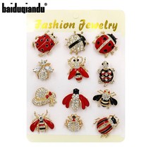 Iduqiandu brand 12 mixed in a card crystal and enamel ladybird insects brooch pins sets thumb200