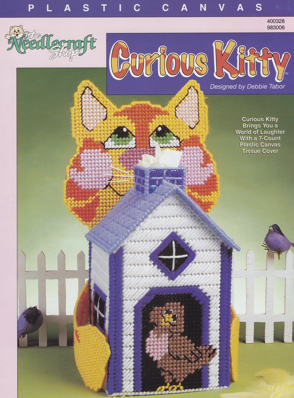 Curious Kitty, Cat Tissue Box Cover Plastic Canvas Pattern Leaflet TNS 983006 - Needlepoint Patterns