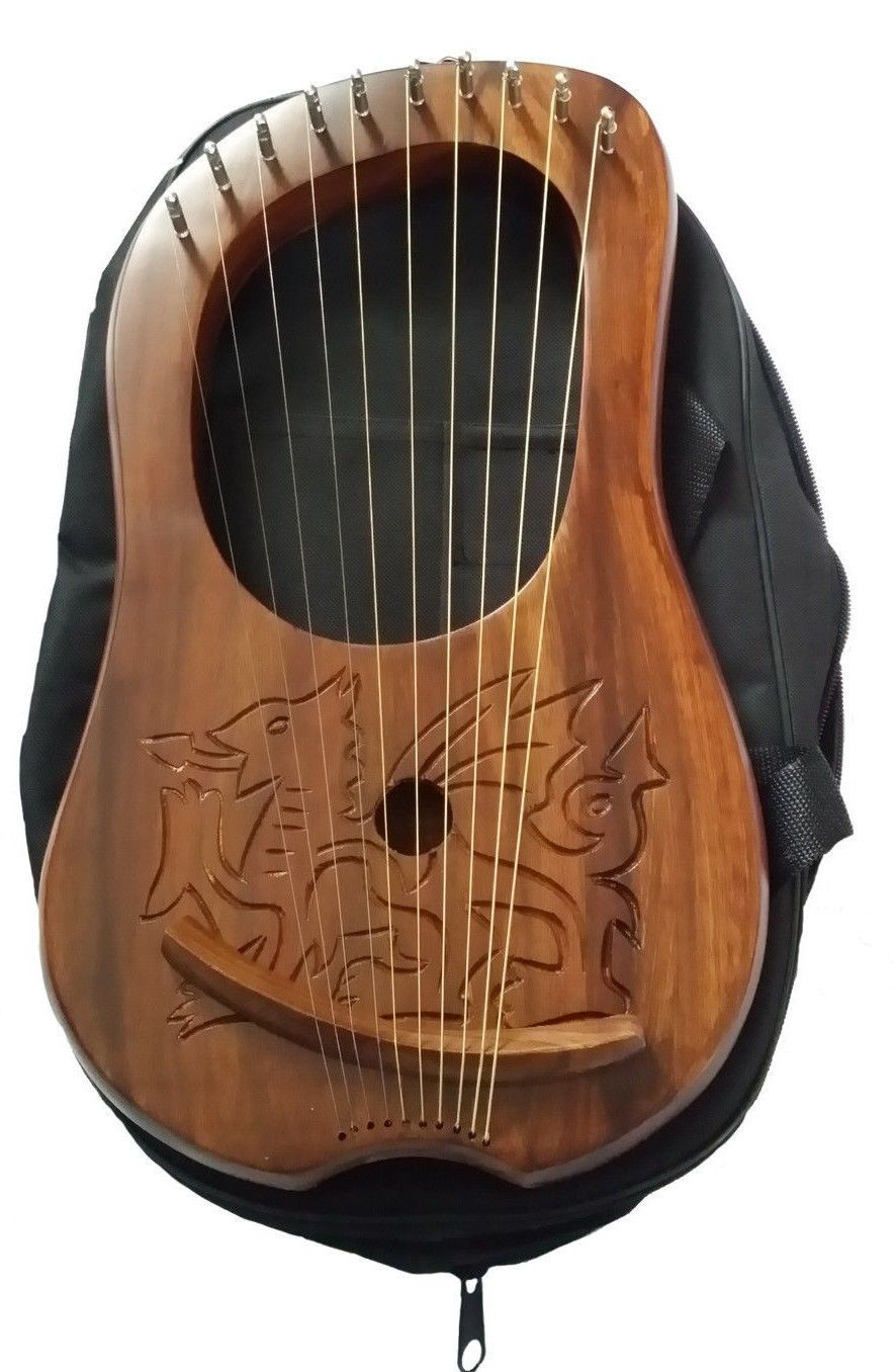 New Lyre Harp Engraved Celtic Welsh Dragon/Lyra Harp Sheesham Wood