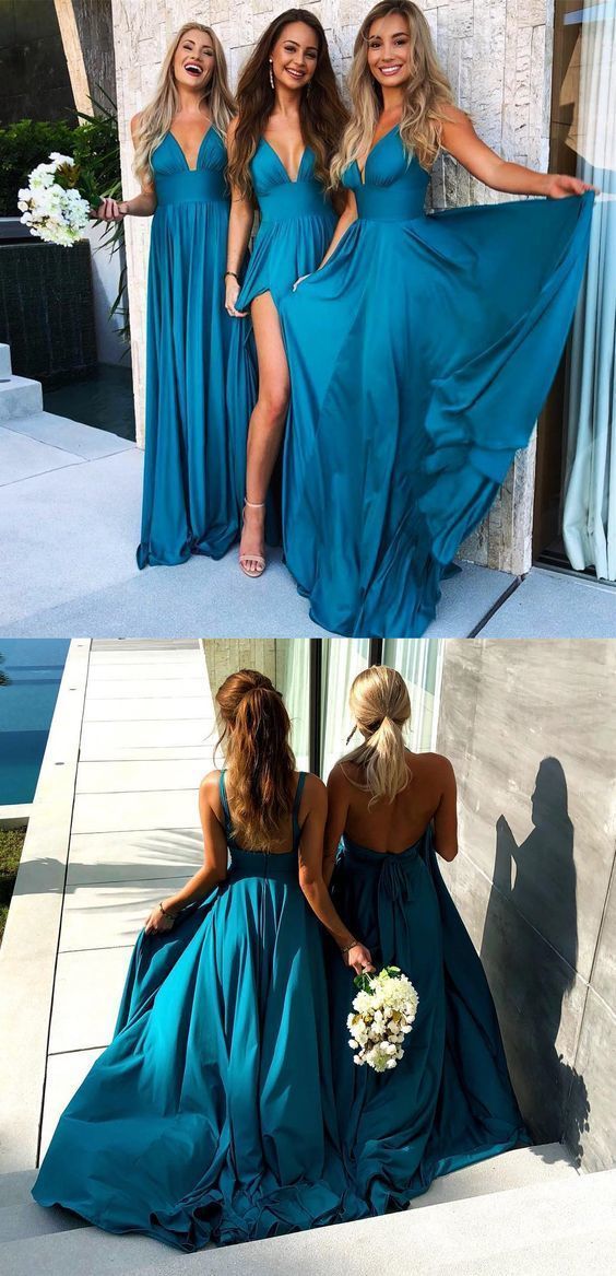 Elegant Blue Long Bridesmaid Dress Long Evening Dresses Slit Women ...