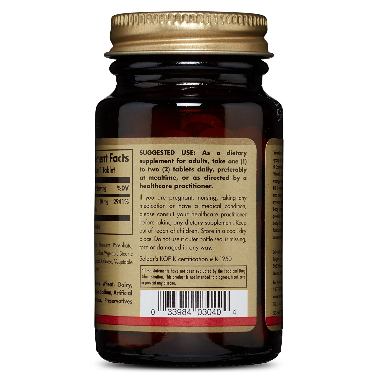 Solgar Vitamin B2 (Riboflavin) 50 mg, 100 Tablets Howlite