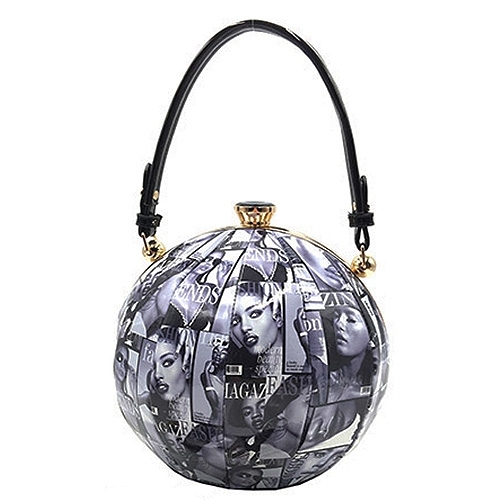 Round Purse Sphere Beach Ball Frame Shaped Bag Magazine Print Women's