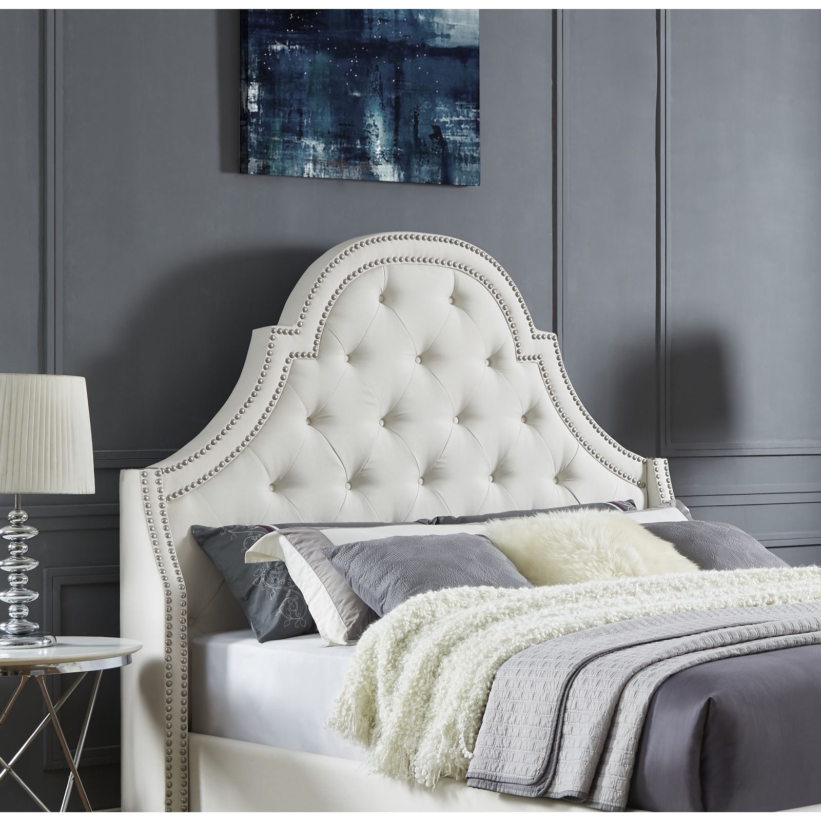 Velvet or Linen Upholstered Platform Headboard Nailhead Tufted Queen ...