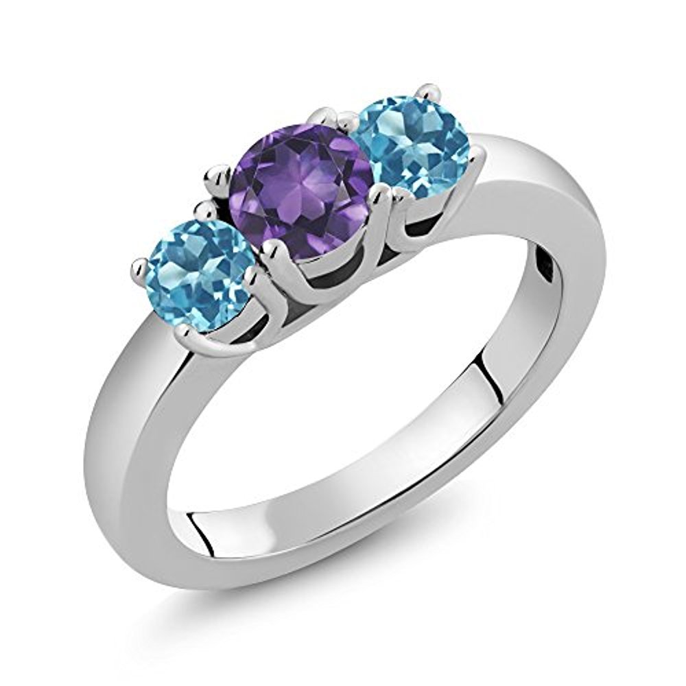 Three Stone Blue Aquamarine & Purple Amethyst 14k White GP Engagement Ring
