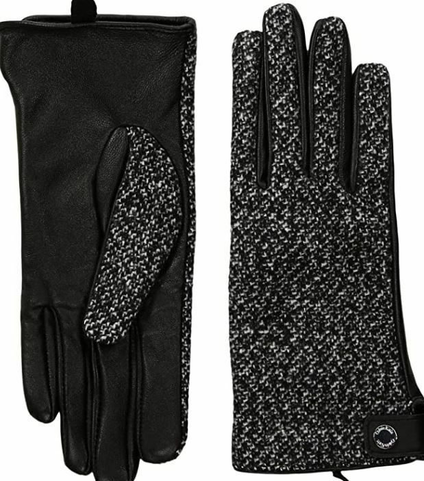 Calvin Klein Women's Black Woven/Leather Mix Gloves, Small
