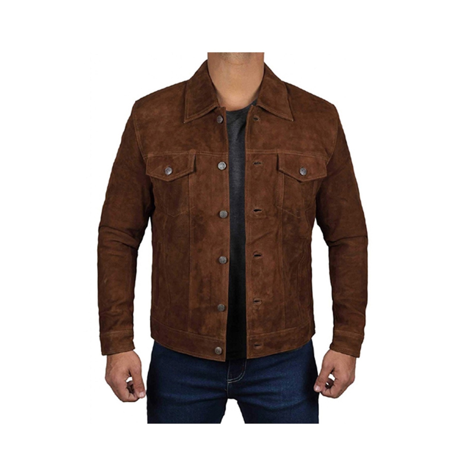 Mens Dark Brown Suede Real Leather Jacket with Shirt Collar and Flip Pockets