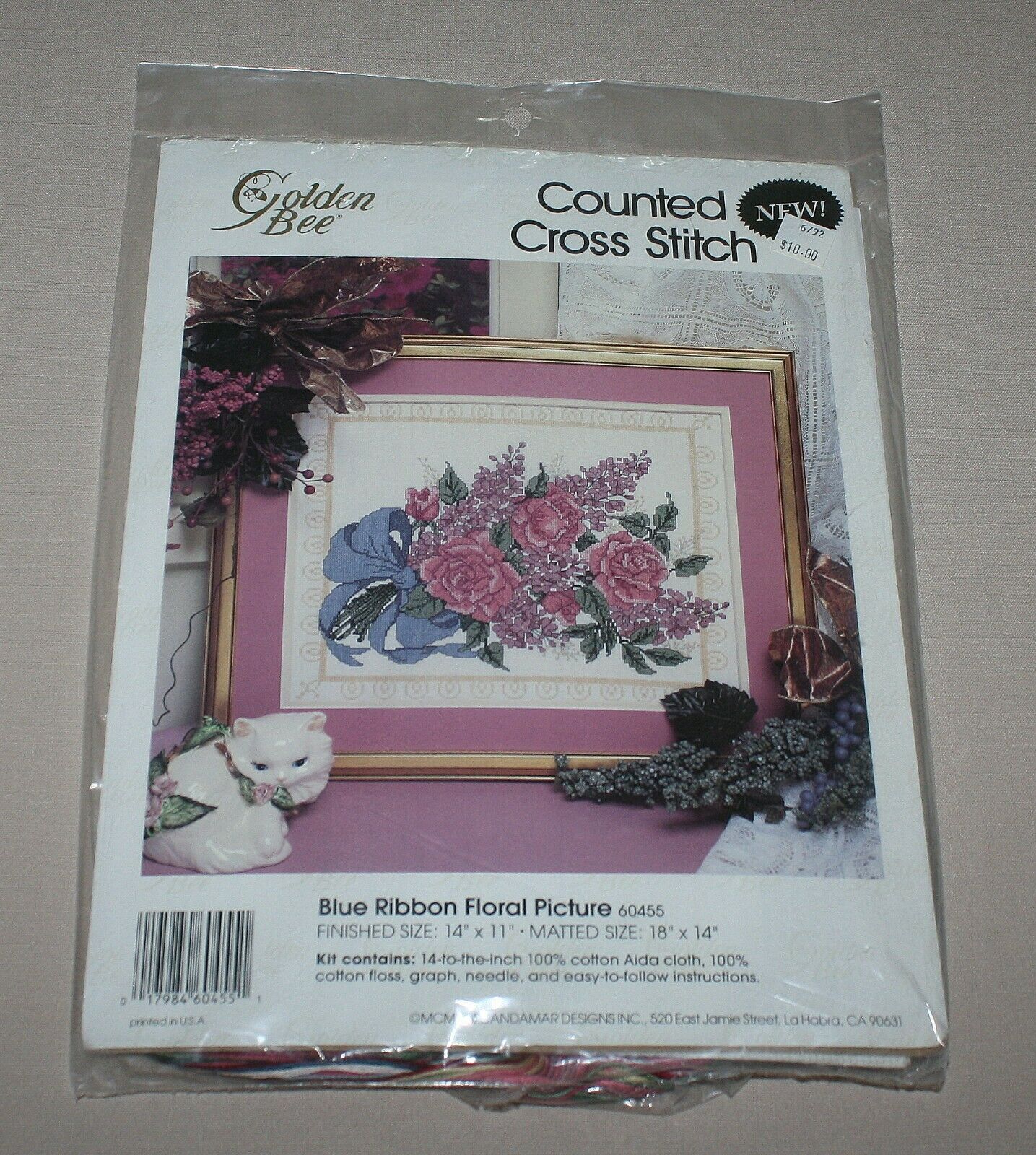 Primary image for Golden Bee Blue Ribbon Floral Picture Counted Cross Stitch Kit Pink Flower 60455