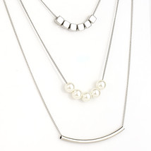 Multi-Strand Silver Tone Necklace with Bar & Faux Pearl Design  - $26.99