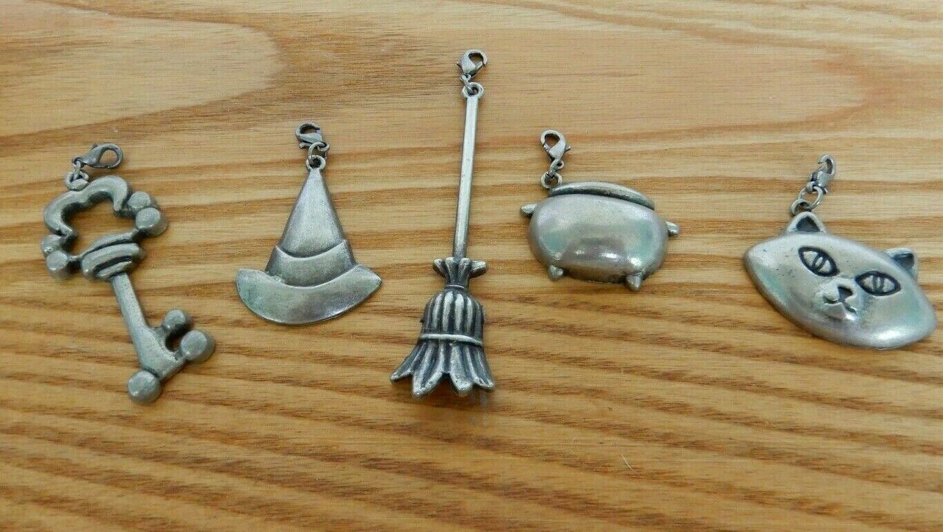 Primary image for Adorable lot of pewter Halloween themed large charms- cauldron, cat, witch hat