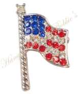 USA Flag Pin Brooch Crystal Red White Blue Silvertone Metal Patriotic  - $14.99