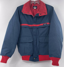 Vintage Woolrich Coat Jacket Men&#39;s Medium 80&#39;s Navy Blue Red Striped Poc... - $64.14