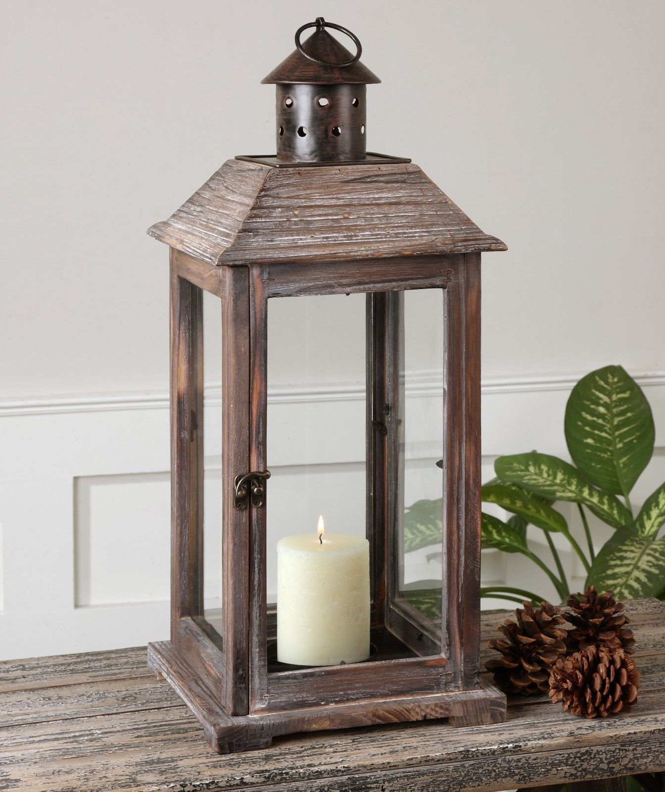 TWO 24" AGED WOOD GLASS LANTERN ENCLOSED CANDLE HOLDER BRONZE METAL