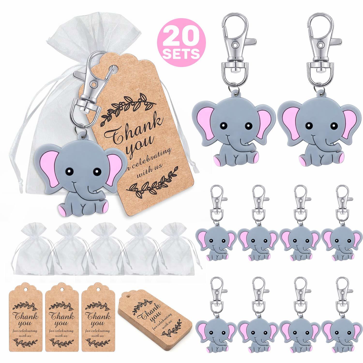 20 Sets Baby Shower Return Favors for Guests, Pink Baby Elephant Keychains +…