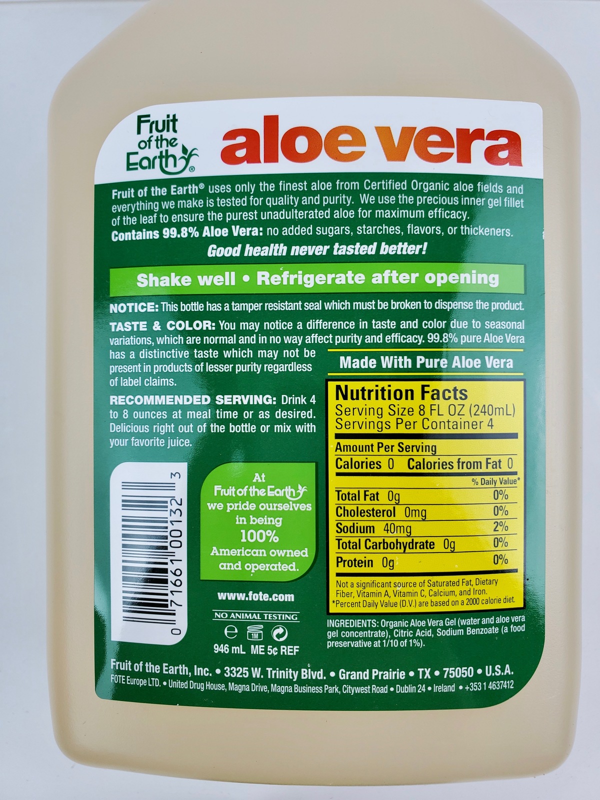 2x Quarts 100 Aloe Vera inner gel fillet Fruit of the Earth brand