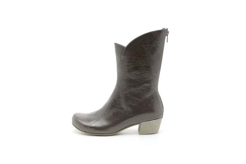 Women Gray Block Heel Back Zipper Pointy Toe Comfortable Leather Ankle High Boot