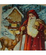 Santa Claus in Red Hooded Coat With Deer in the Snow Antique Christmas Postcard - $16.80