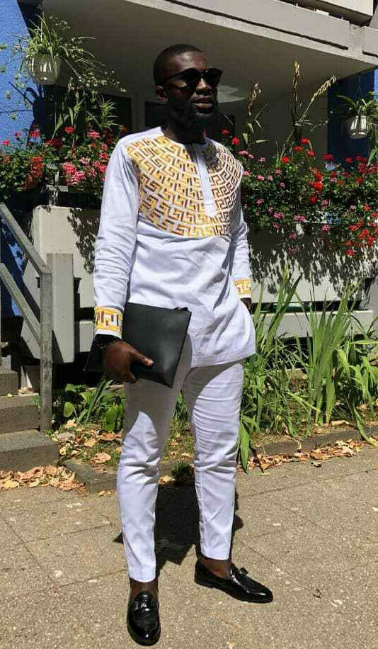 Men's Embroidered Gold and White Long Sleeve Shirt and Pants African Clothing