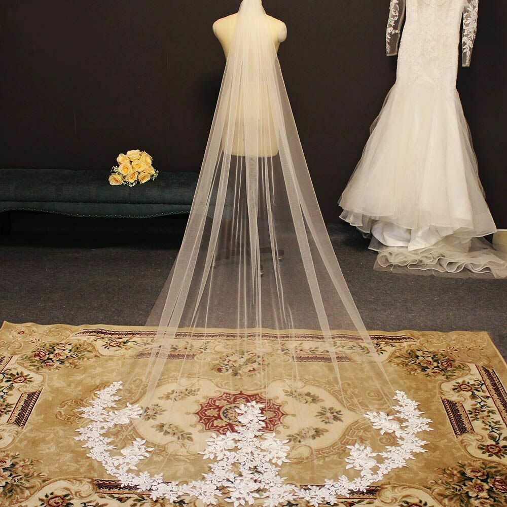Women Wedding Veil Lace Appliques Elegant Comb White Ivory Bridal One Layer 3m