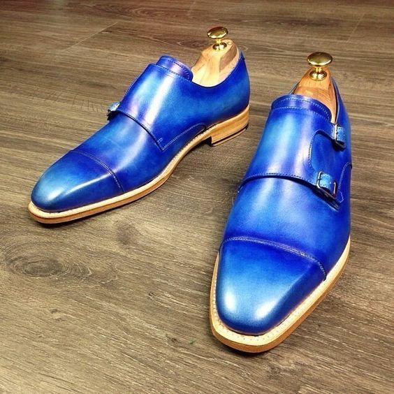 Blue Monk Double Buckle Strap Natural Color Sole Rounded Cap Toe Leather Shoes