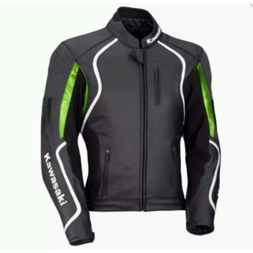 KAWASAKI  ZGREEN/BLACK COWHIDE  RACING LEATHER JACKET WITH SAFETY PROTECTIONS