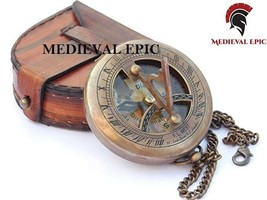 Medieval Brass Sundial Compass with Leather Case and Chain - Push Open Compass