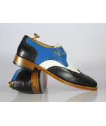 Handmade Men&#39;s Leather Wing Tip Style Heart Medallions &amp; Monk Strap Dres... - $149.99