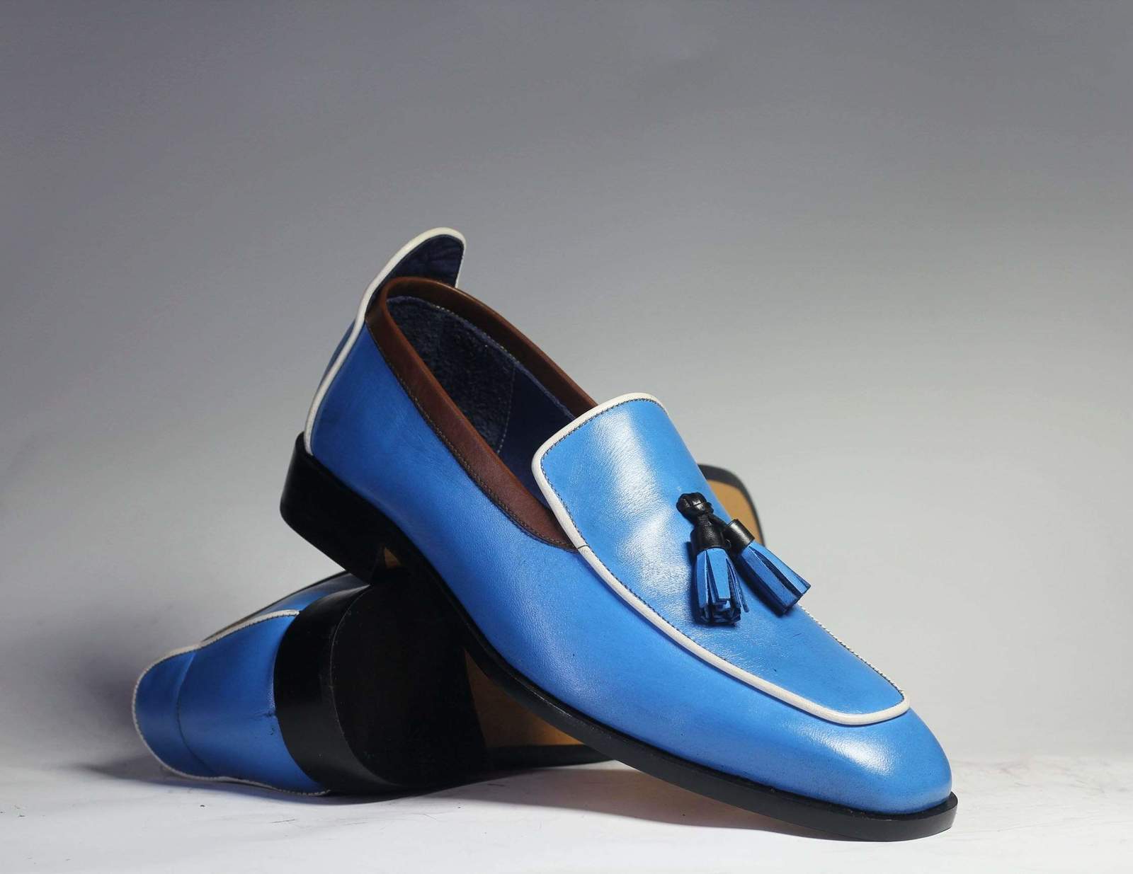 Bespoke Blue Tussle Leather Loafers for Men's - Dress/Formal