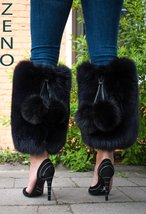 Finn Fox Fur Legs Cuffs Jet Black Boots Bands Legs Sleeves Pompoms Adjustable image 3