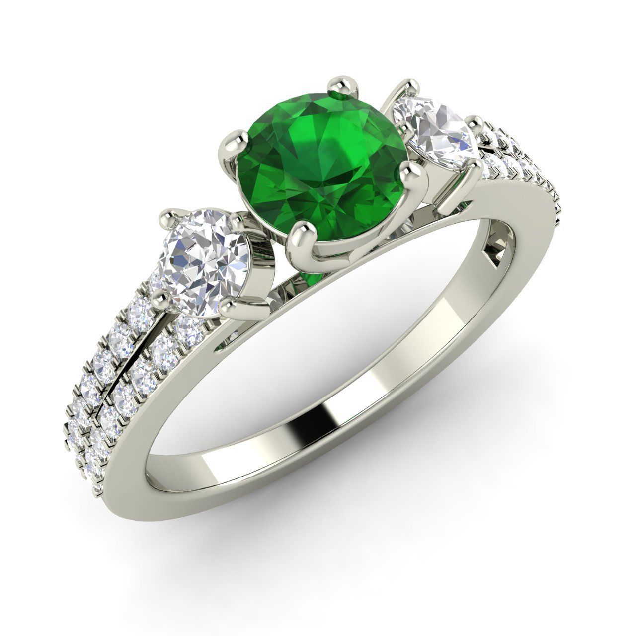 3 Stone Green Emerald & CZ Diamond 14k White Gold Fn Engagement Ring