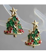 Festive Enamel Holly Christmas Tree Gold-tone Clip Earrings 1960s vintag... - $12.30