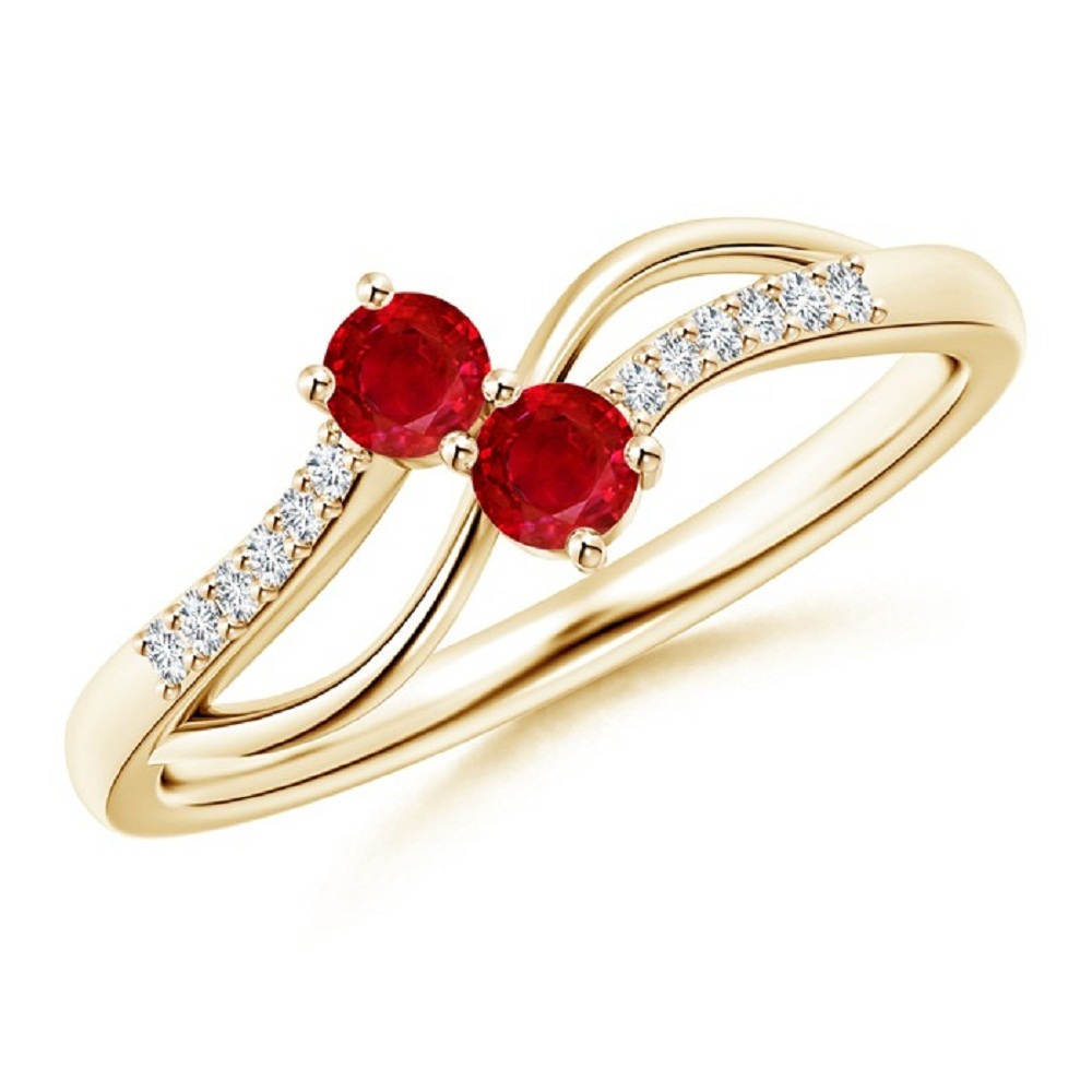 Split Shank Two Stone Red Ruby & CZ Diamond 14k Yellow GP Engagement Ring