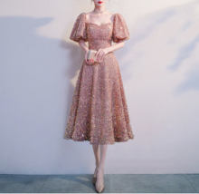 BLUSH PINK Sequin Midi Dress GOWNS Vintage Sleeved Wedding Party Sequin Dresses image 1