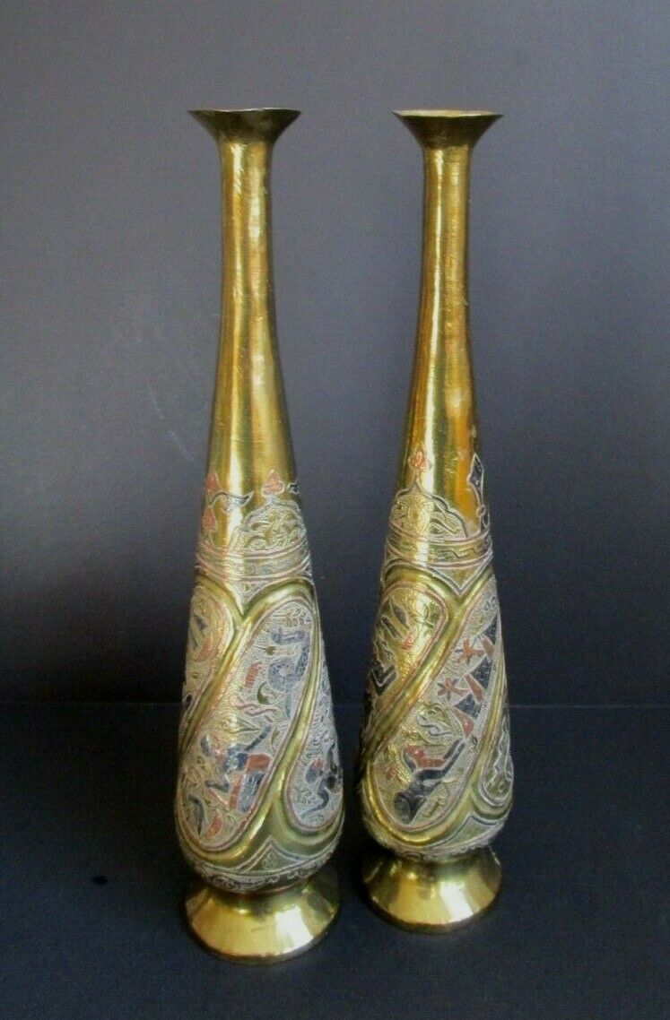 Antique MIXED METAL HAMMERED BRASS VASES EGYPTIAN REVIVAL Cairoware