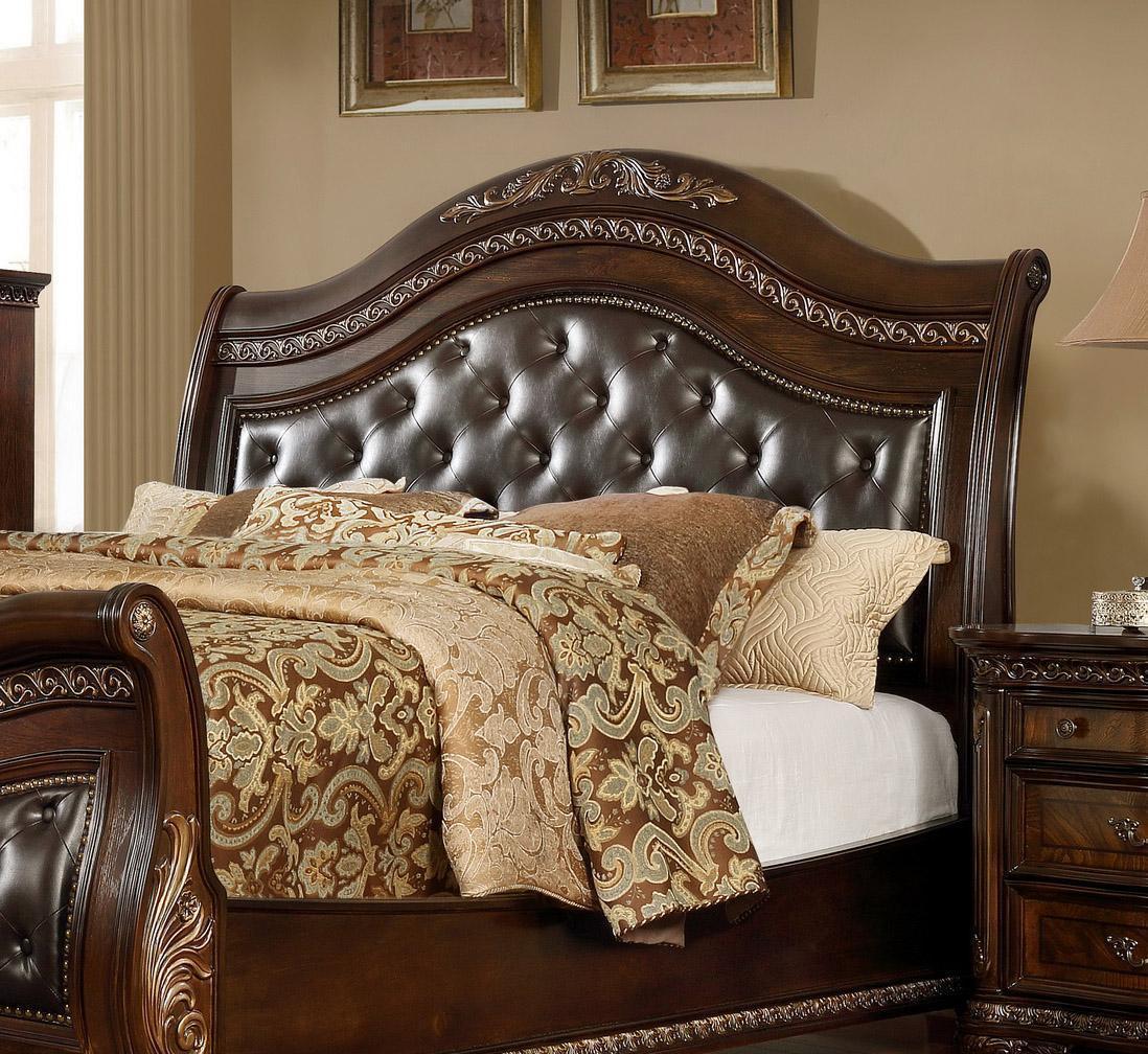 Leather Headboard Sleigh Queen Size Bed Traditional McFerran B9588